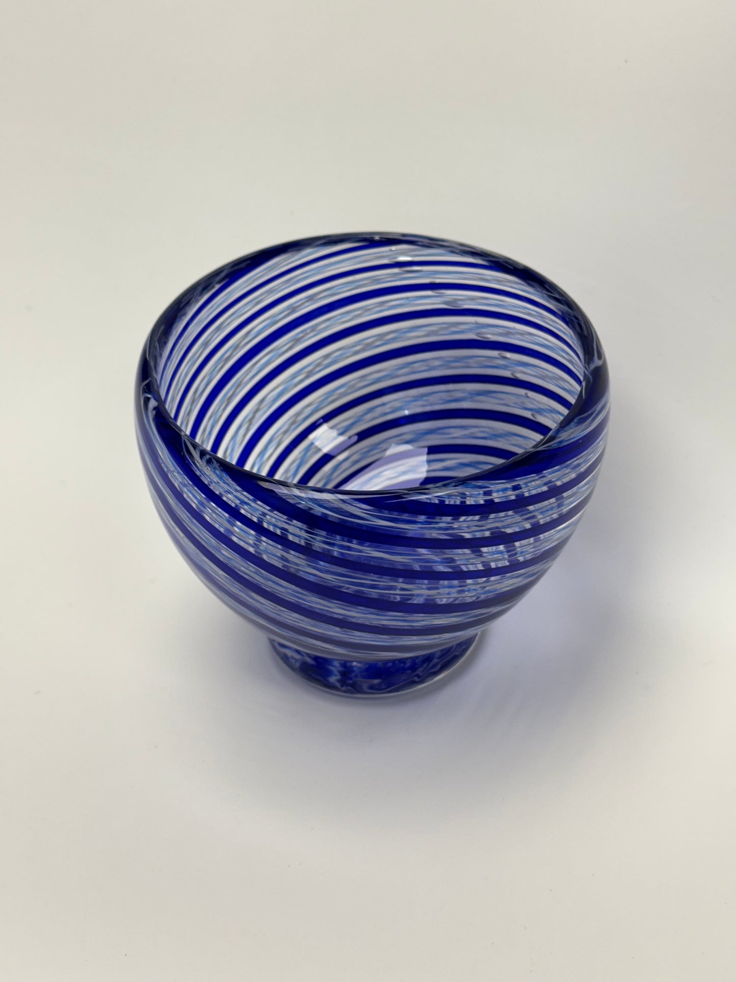 Blue and white zanfirico handblown glass art bowl