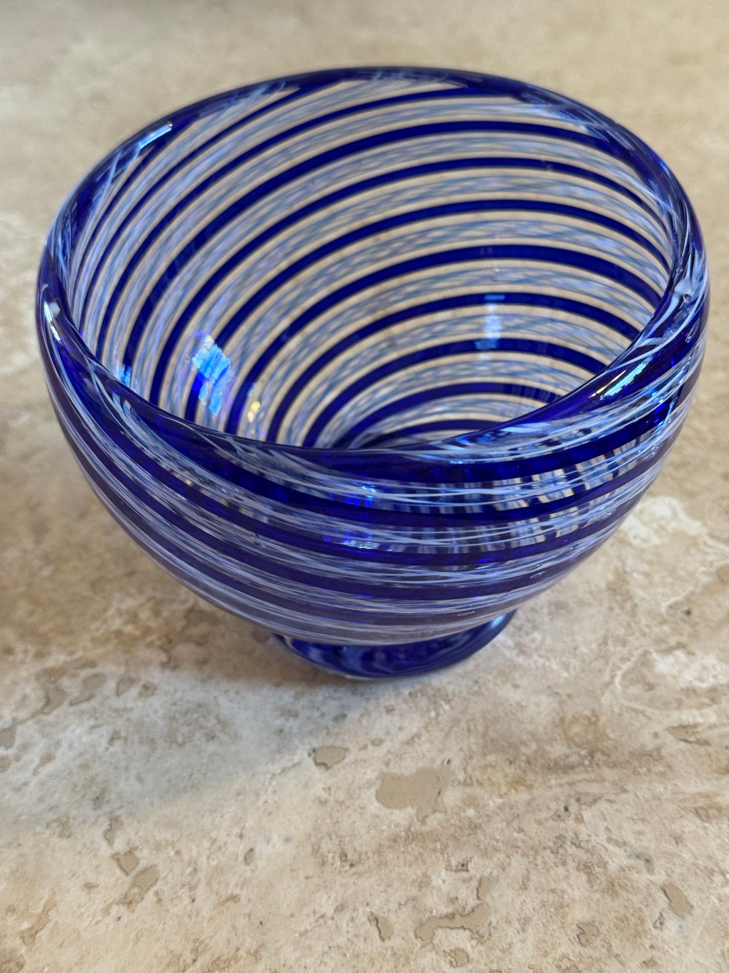 Blue and white zanfirico handblown glass art bowl