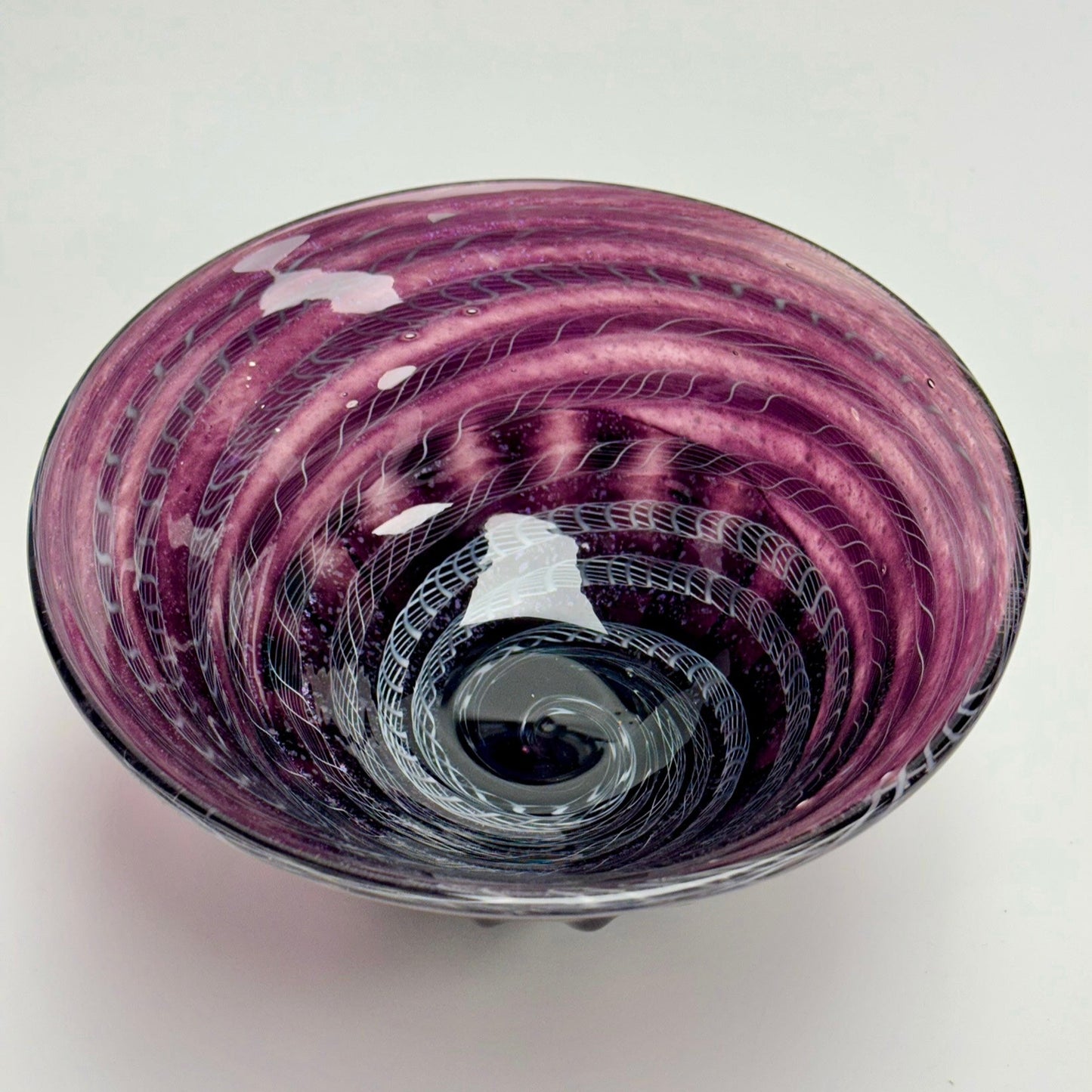 Handblown purple with white twisty cane mezza stampura bowl