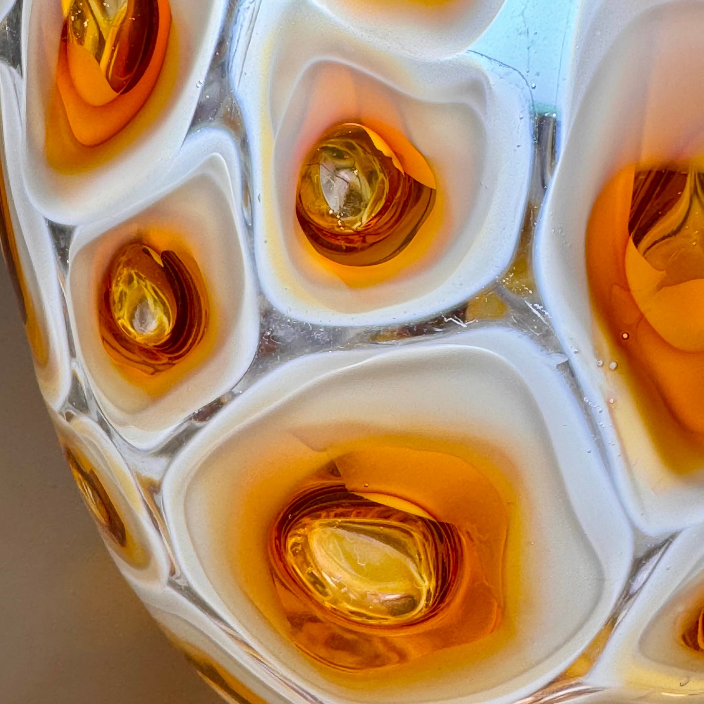 White and amber handblown murrine glass art vase