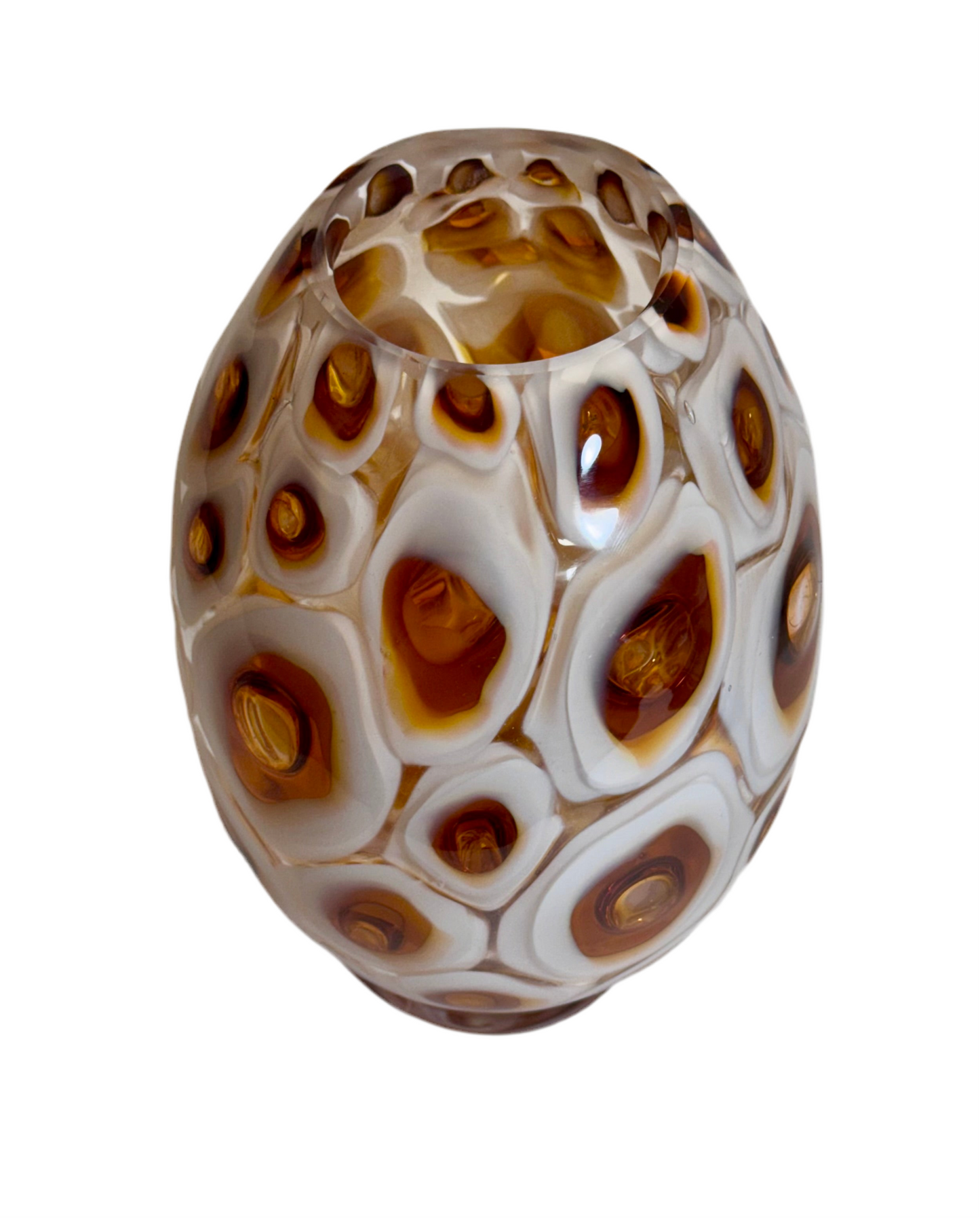 White and amber handblown murrine glass art vase