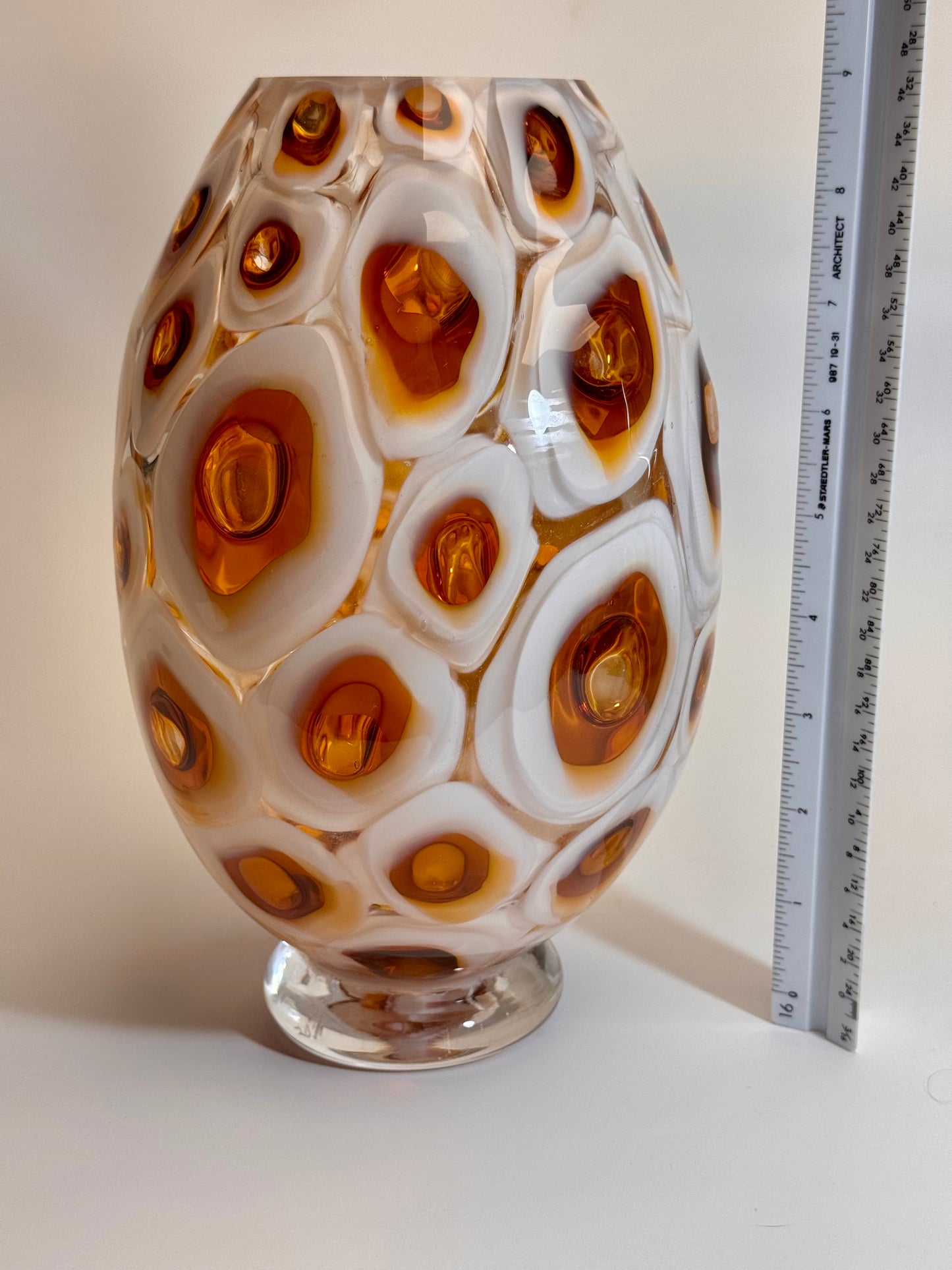White and amber handblown murrine glass art vase