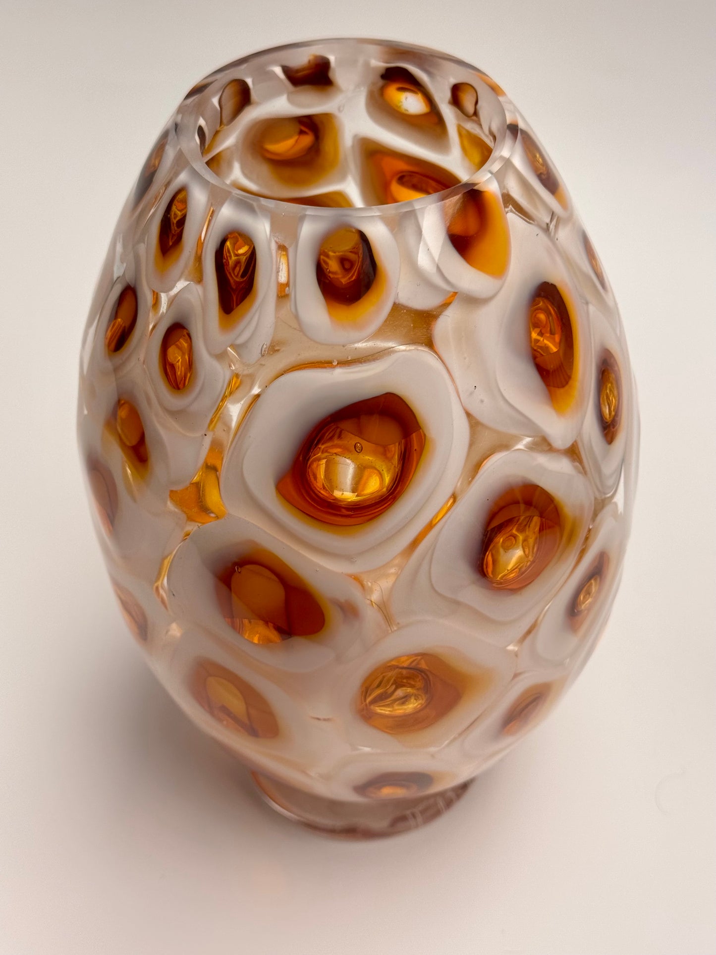 White and amber handblown murrine glass art vase