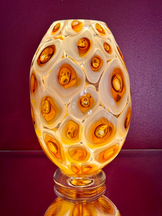 White and amber handblown murrine glass art vase