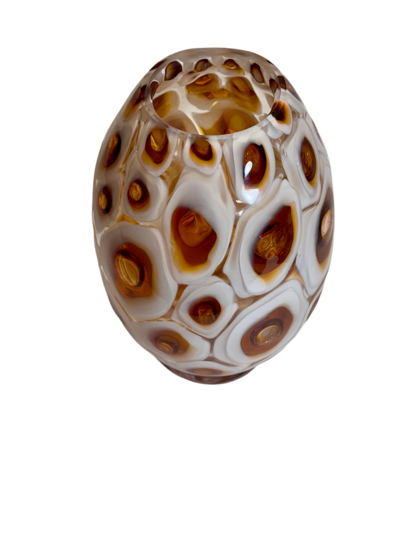 White and amber handblown murrine glass art vase