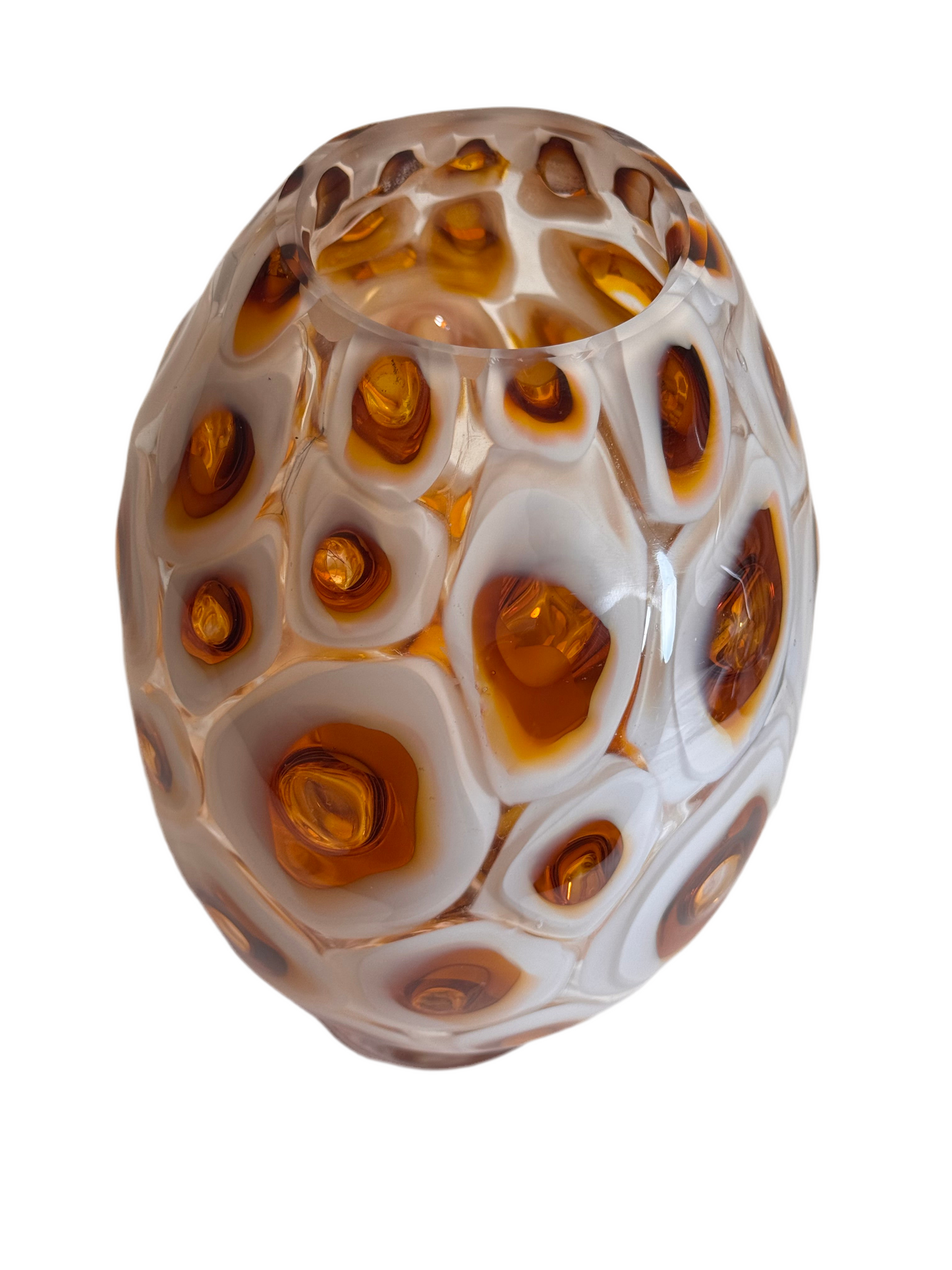 White and amber handblown murrine glass art vase
