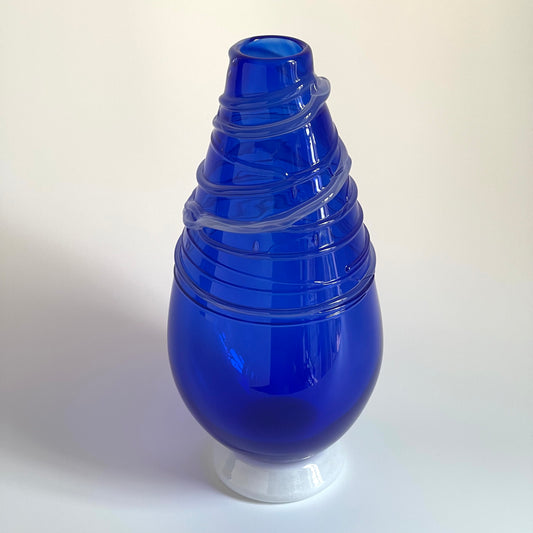 Handblown cobalt blue vase with opaline wrap