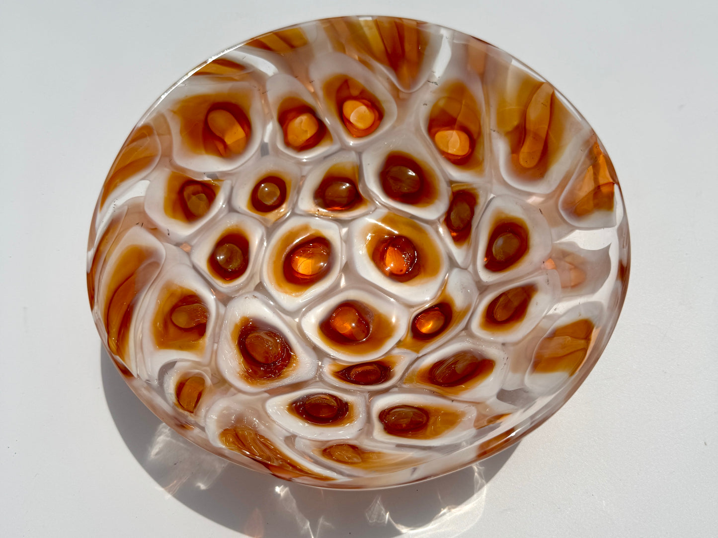 White and amber handblown murrine glass art bowl