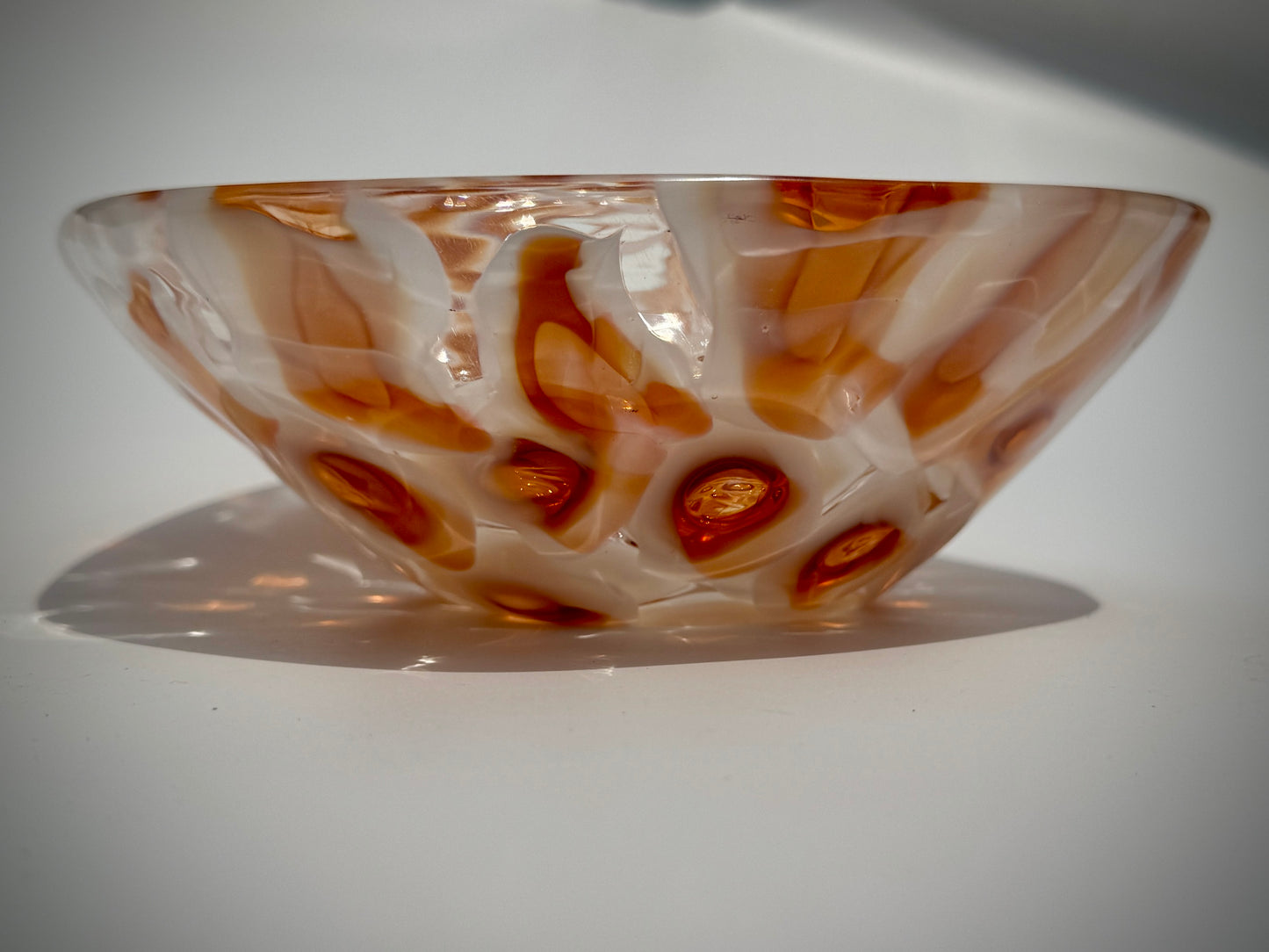 White and amber handblown murrine glass art bowl