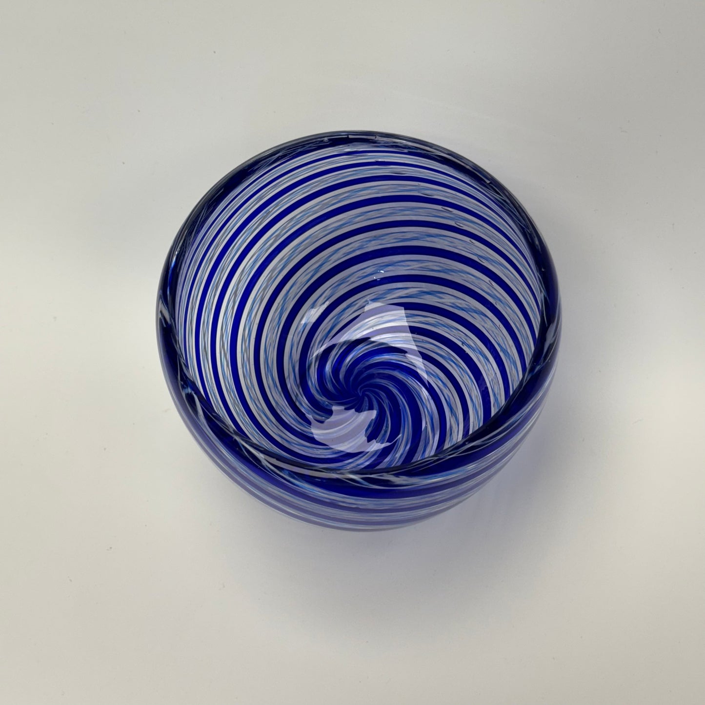 Blue and white zanfirico handblown glass art bowl