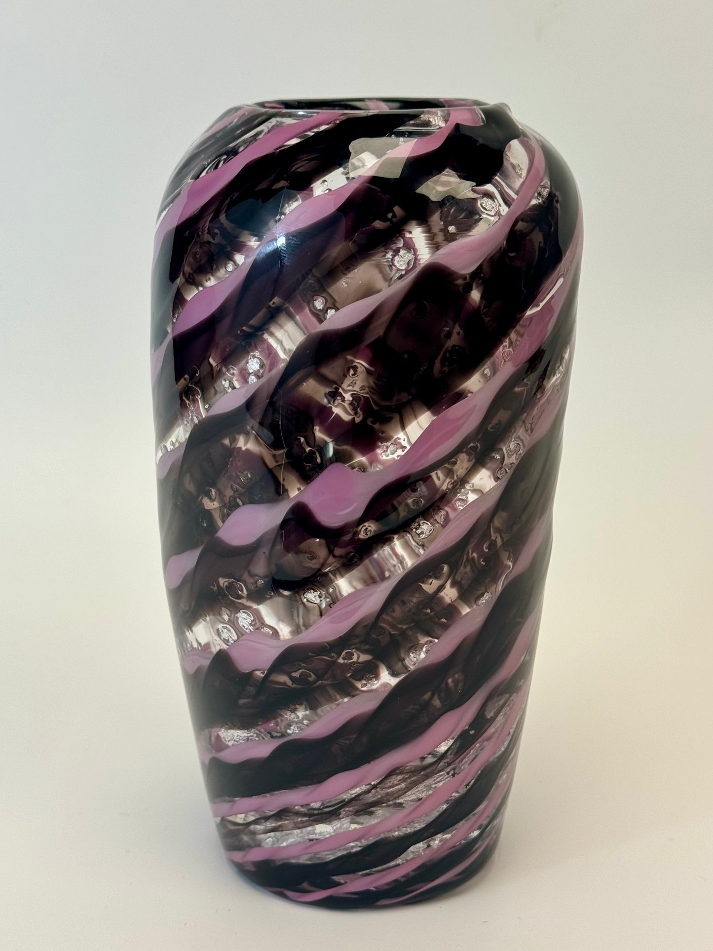 Purple and silver handblown glass art vase