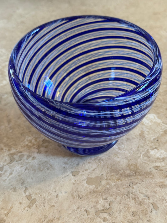 Blue and white zanfirico handblown glass art bowl