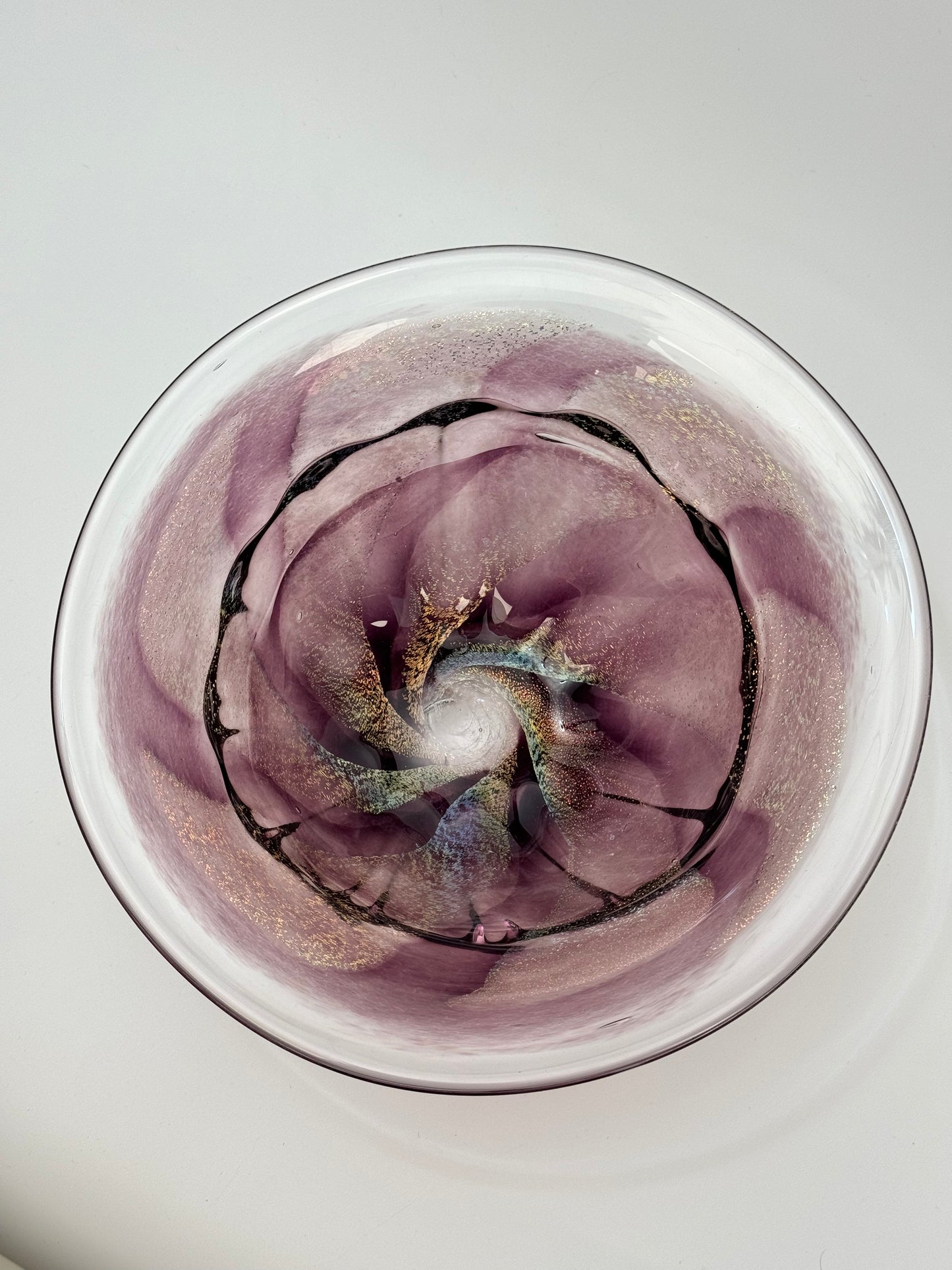 Handblown purple and dichroic mezza stampura bowl
