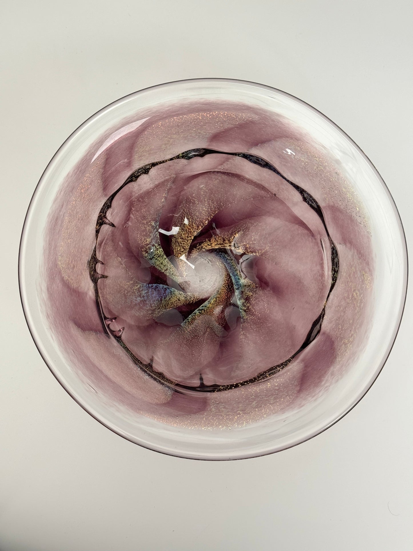 Handblown purple and dichroic mezza stampura bowl