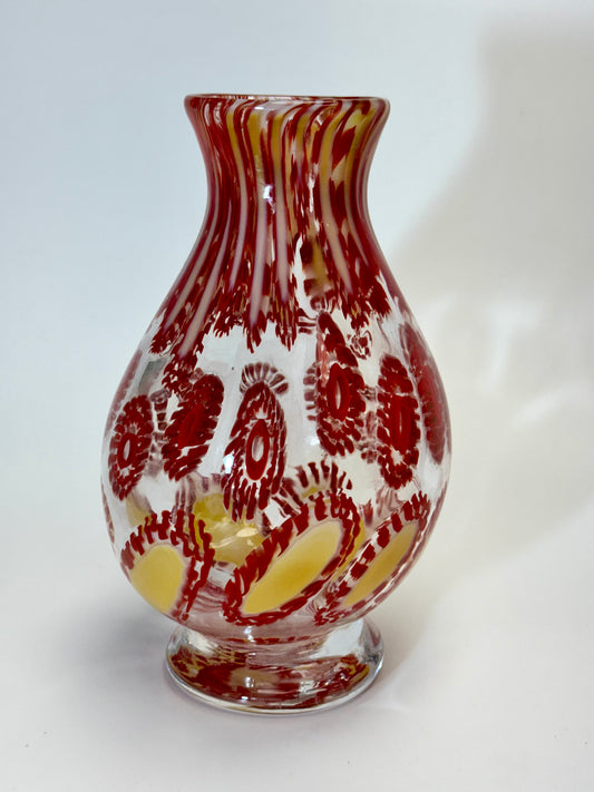 Red and cream handblown murrine glass art vase