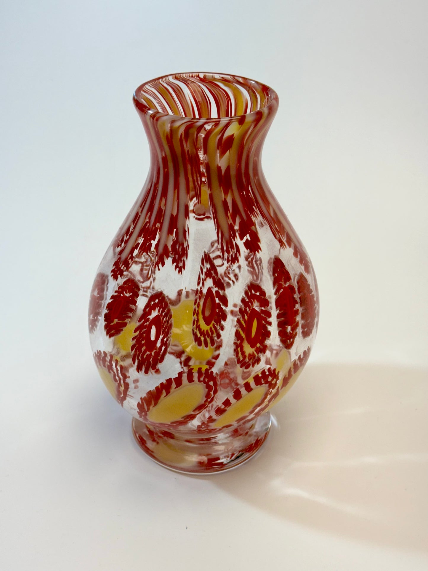 Red and cream handblown murrine glass art vase