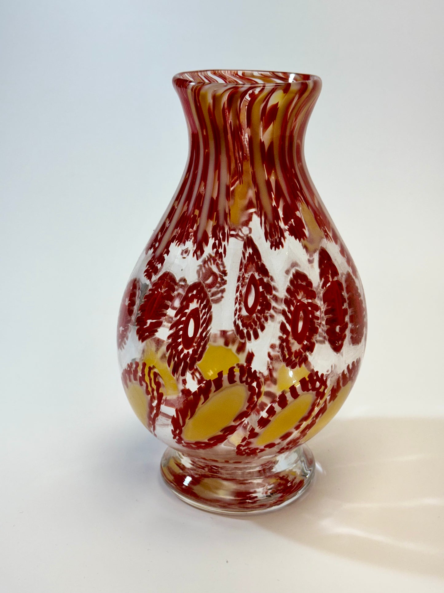 Red and cream handblown murrine glass art vase