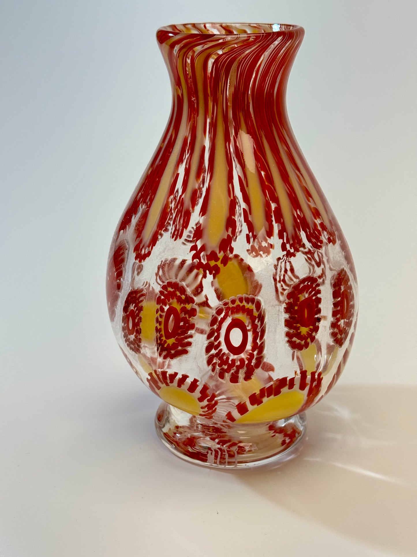Red and cream handblown murrine glass art vase