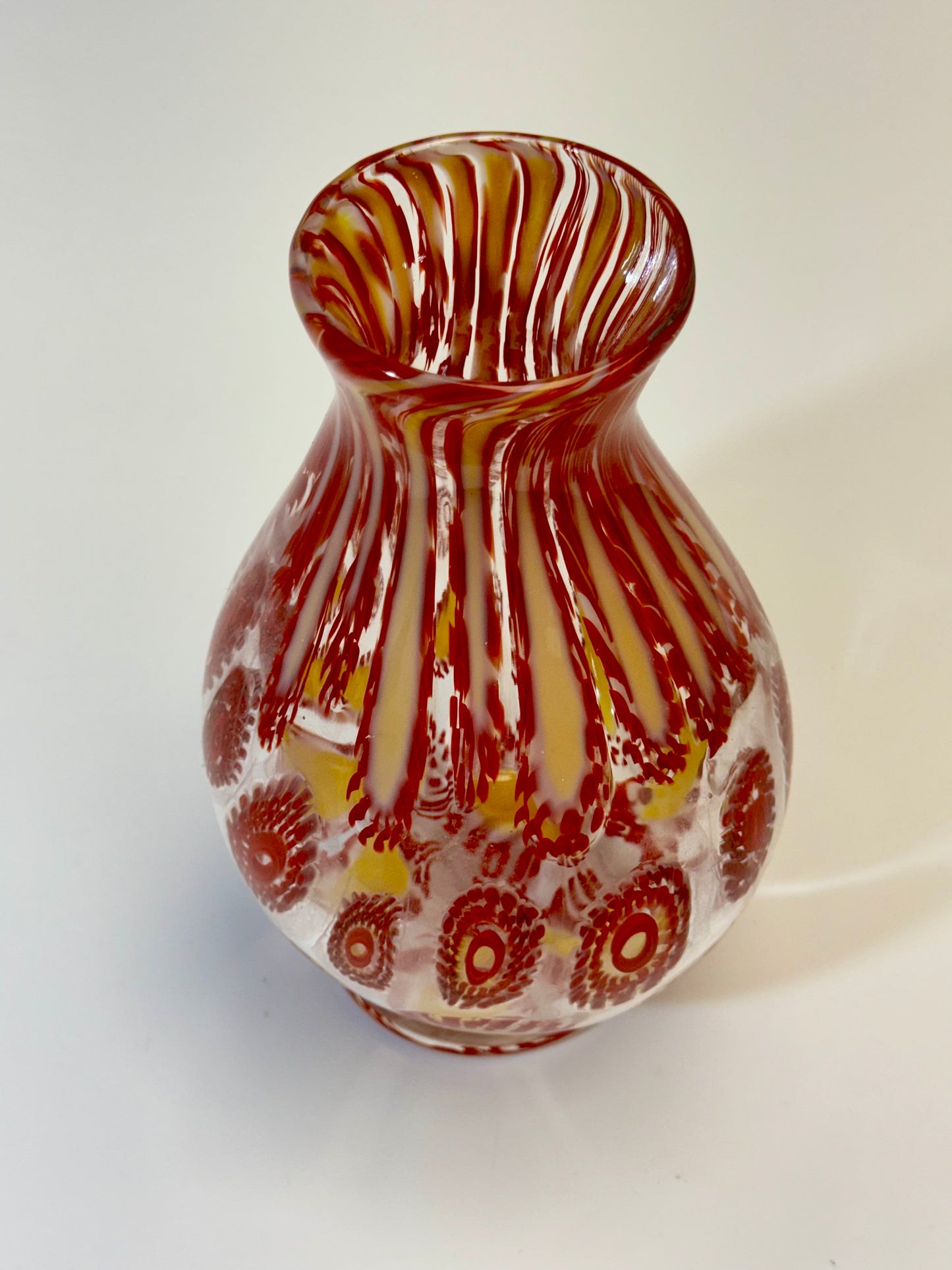 Red and cream handblown murrine glass art vase