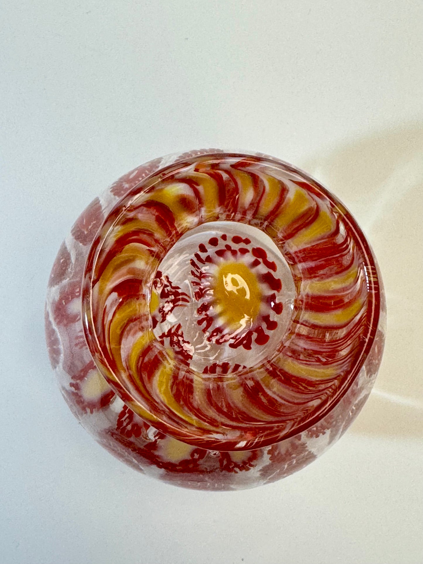 Red and cream handblown murrine glass art vase
