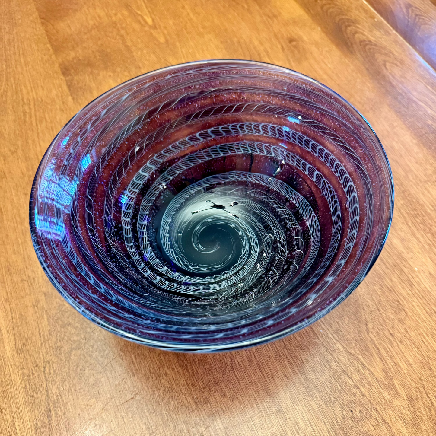 Handblown purple with white twisty cane mezza stampura bowl