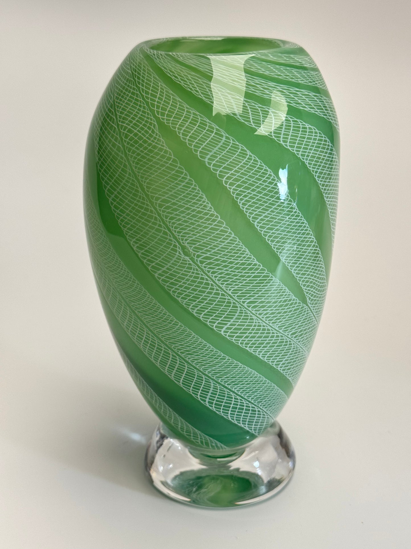 Celadon and white zanfirico handblown glass art vase