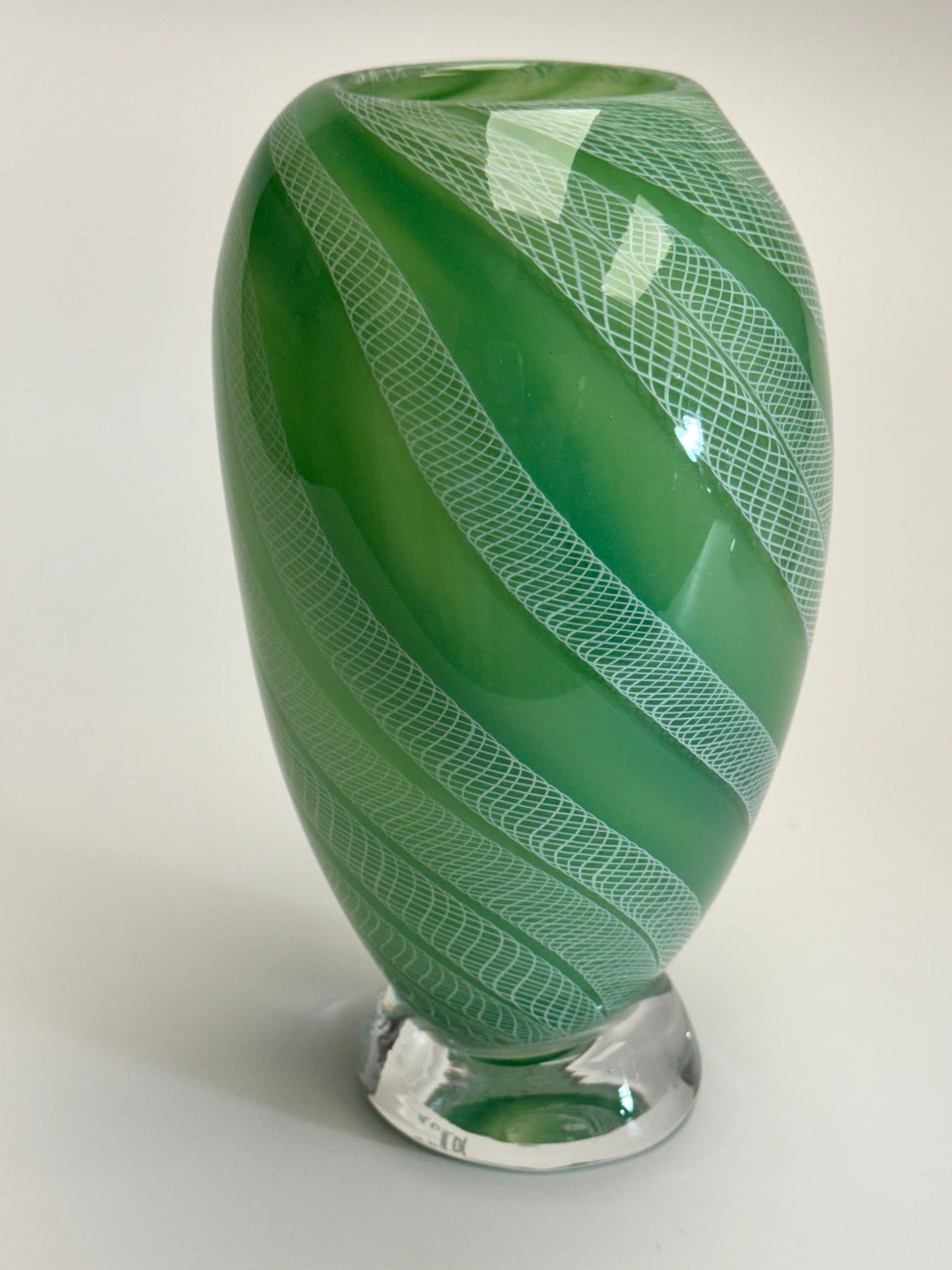 Celadon and white zanfirico handblown glass art vase