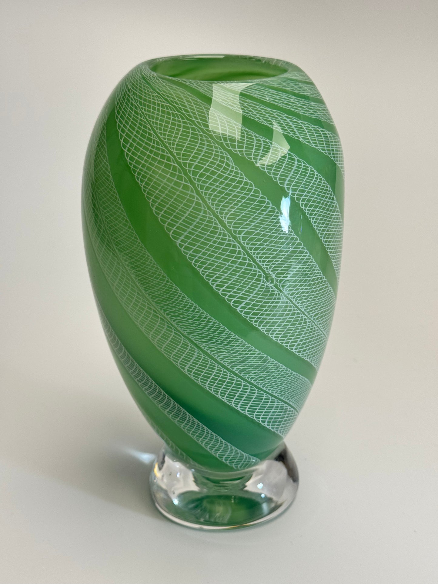 Celadon and white zanfirico handblown glass art vase