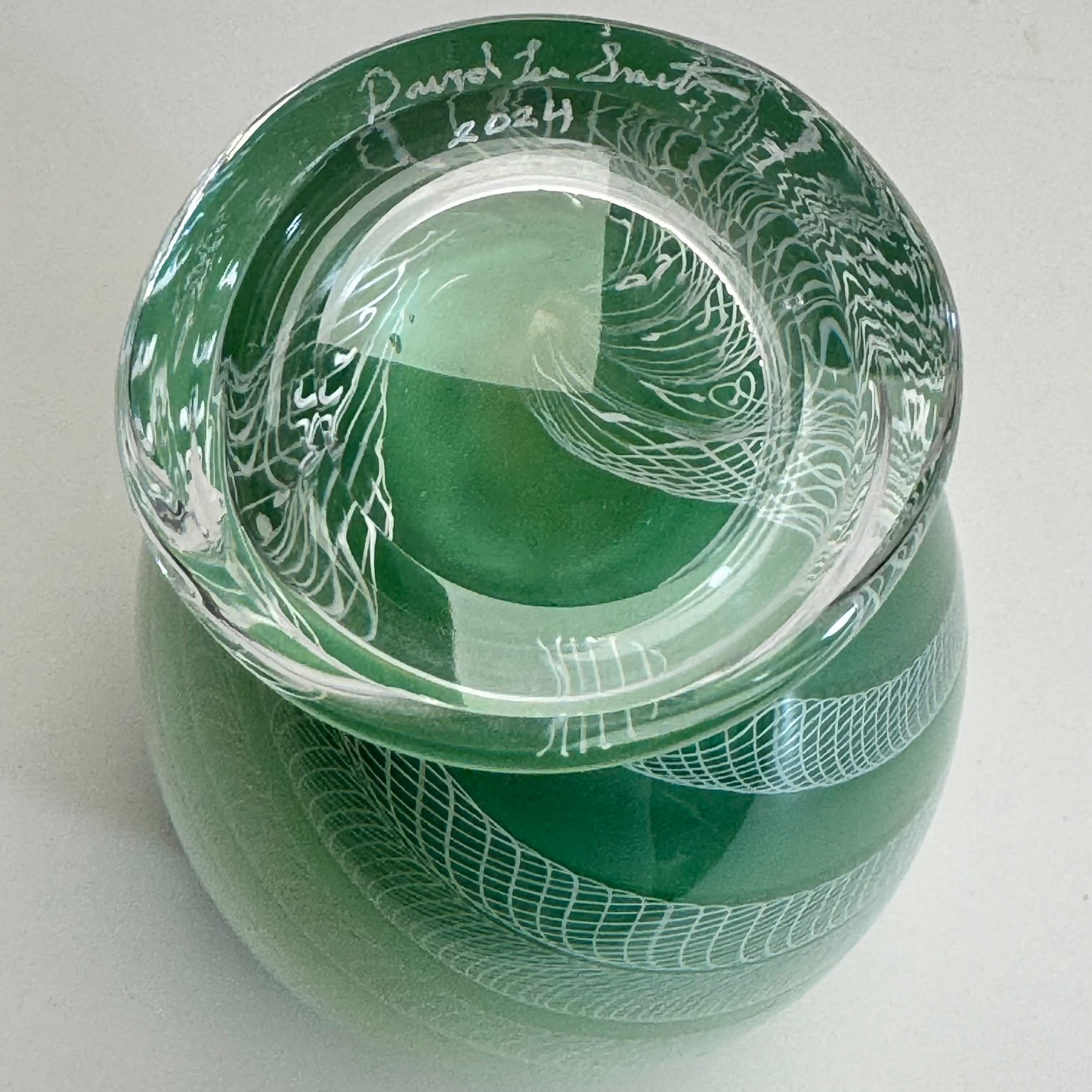 Celadon and white zanfirico handblown glass art vase