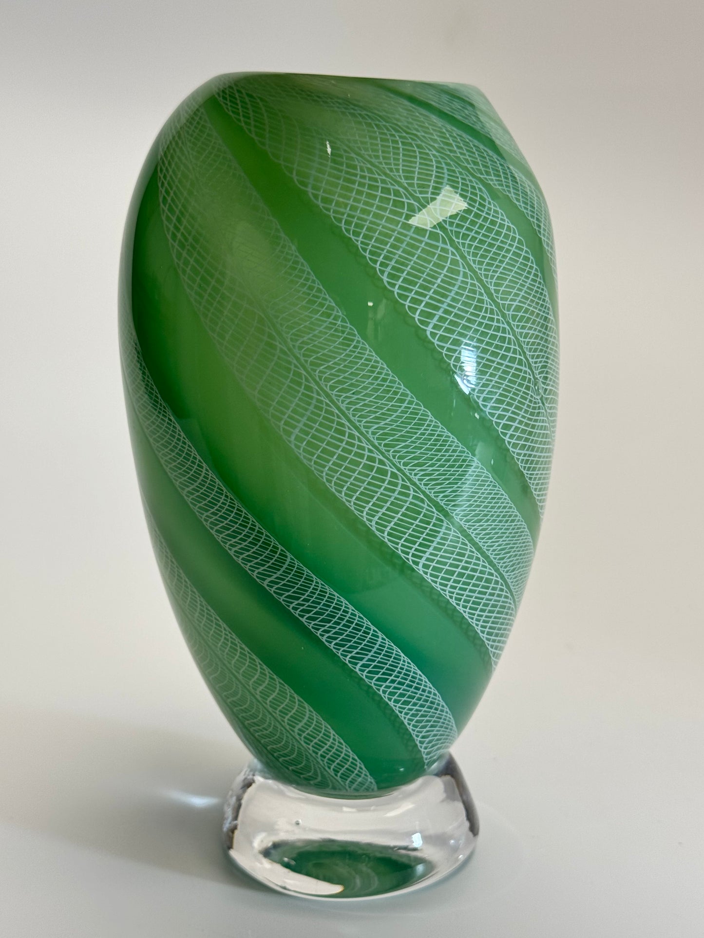 Celadon and white zanfirico handblown glass art vase