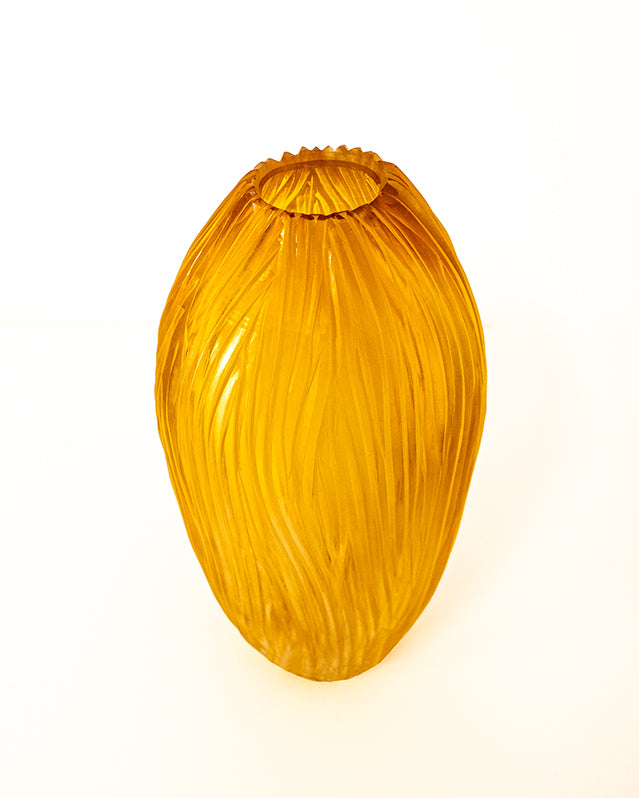 Handblown and hand-engraved gold glass vase